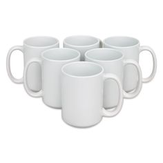 six white coffee mugs sitting in a row on top of each other with handles