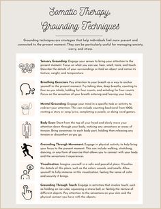 Practice grounding using somatic therapy techniques. Use this helpful sheet to identify different grounding tools that can be used to self-regulate during a particularly challenging moment. Somatic Therapy, Grounding Techniques, Mental Health Therapy, Mental Health Counseling, Therapy Counseling, Counseling Resources, Group Therapy, Therapy Worksheets, Therapy Tools