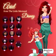 the ariel from the little mermaid disney character is shown with her hair and makeup looks like she