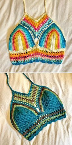 crocheted swimsuits are laying on a bed and one is in the shape of a bra