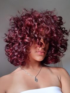 Burgundy Balayage On Curly Hair, Deep Red Hair Color Curly, Cherry Black Hair Color Curly, Purple Red Hair Curly, Short Curly Hair With Red Highlights, Red And Pink Curly Hair, Hair Color Ideas Curly Natural Curls, Red Cherry Hair Curly