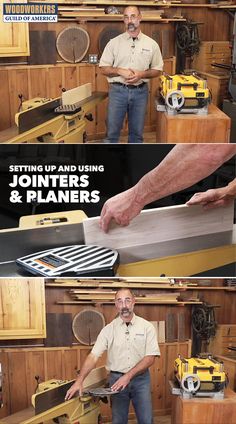 a man standing in front of a table sawing and using joinrs and planes