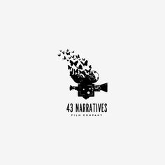 the logo for 43 narratives is shown in black and white with birds flying over it