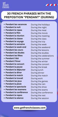 30 French phrases with the preposition "pendant" (during) Sentence Structure In French, Preposition In French, Reasons To Learn French, French Common Phrases, Common Phrases In French, French Classes