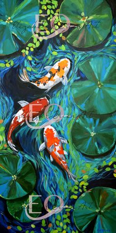 two koi fish are swimming in the pond with lily pads and green water lilies