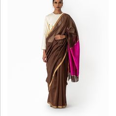 'Kinari' Brown Chanderi Silk-Cotton Sari Features A Gold Zari Border And A Rani Pink Pallu. Blouse Worn By The Model Is Not Included. Natural Variations In Colours And Weave Are Part Of The Textile, As It Is Handwoven. Brand New. Read Description. Festive Brown Blouse Piece, Unstitched Brown Saree, Brown Unstitched Saree, Traditional Pink Pre-draped Saree For Formal Occasions, Traditional Pink Pre-draped Saree For Formal Events, Elegant Brown Saree, Formal Handloom Saree, Raw Mango Sarees, Brown Saree