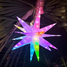 a multicolored star ornament hanging from a palm tree in the dark