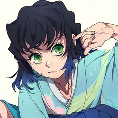 an anime character with green eyes and black hair