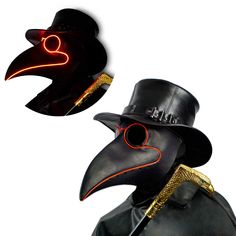 a man wearing a black plague mask with a red neon light on it's face