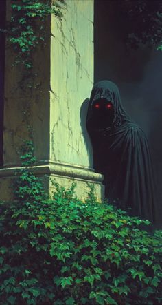 a painting of a person in a black cloak standing next to a pillar with ivy growing around it