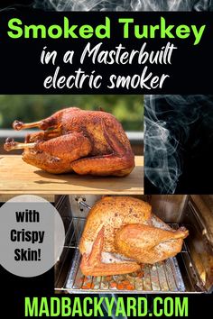 smoked turkey in an electric smoker with text overlay