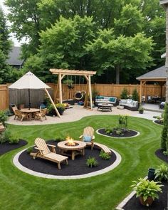 a backyard with lawn, fire pit and seating area