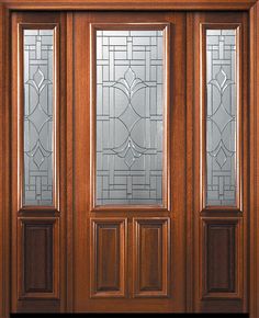 a wooden door with glass panels on it