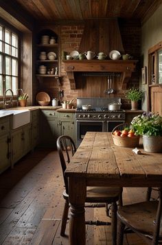 an old fashioned kitchen with wooden floors and walls, along with lots of greenery