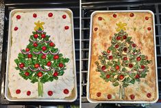 two pans filled with food and decorated like a christmas tree next to each other