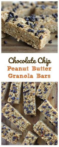 chocolate chip peanut butter granola bars are stacked on top of each other, with the title above it