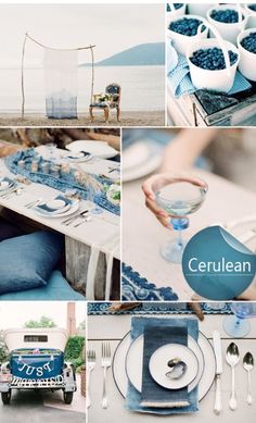 a collage of photos with blue and white dishes, plates, utensils