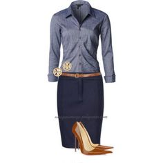 Chambray & Navy | Polyvore - uniqueimage | Bloglovin’ Rok Outfit, Stil Inspiration, Modieuze Outfits, Ținută Casual, Elegantes Outfit, Casual Work Outfits, Work Outfits Women, 가을 패션