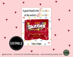 a package of skittles on a pink background with hearts