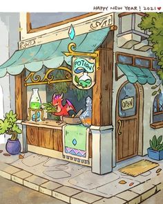 an image of a small store with plants on the outside