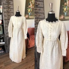 "<> 1960's 70's dress <> Color: White <> Acetate underlay, tulle layer and then lace overlay <> Sheer sleeves <> Faux button front <> Scalloped lace neckline and hem <> Nylon zipper back <> Excellent condition with light to normal wear <> Label: Emma Domb Measurements: Length: 52\" Bust: 34\" Waist 26\" Hips: open" Spring Vintage Victorian Dress With Lace Sleeves, Vintage Long Sleeve Dresses With Lace Patchwork, Retro Long Sleeve Lace Vintage Dress, Long Sleeve Lace Retro Vintage Dress, Vintage Long Sleeve Dress With Lace Sleeves, Vintage Lace Dress With Long Sleeves, Fall Wedding Vintage Dress, 1970s Long Sleeve Vintage Dress With Lace Trim, Retro Lace Vintage Dress For Vintage Fashion