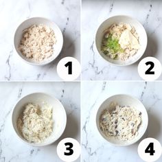 four pictures showing how to make rice in a bowl with the instructions for making it