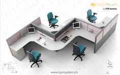 an office cubicle with chairs and desks