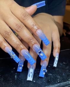 Croc Nails French, 19th Birthday Nails, Blue Birthday Nails, Croc Nails, Acrylic Nail Designs Coffin, Funky Nail Designs, Hard Nails, Long Acrylic Nail Designs, Blue Acrylic Nails