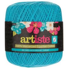 blue yarn ball with flowers on the front and bottom, for knitting or crocheting