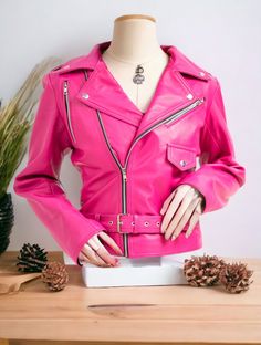 Women Slim Fit Pink Leather Jacket | Women's Biker Motorcycle Jacket | Women 100% Lambskin Pink Motorcycle Leather Jacket, Pink Party Jacket Discover the epitome of style and sophistication with our Women's Slim Fit Pink Leather Jacket collection. Crafted from 100% lambskin leather, these biker motorcycle jackets blend fashion with functionality seamlessly. Perfect for adding a bold statement to your ensemble, whether it's a casual day out or a vibrant party night. Embrace your individuality and Pink Punk Biker Jacket For Winter, Pink Punk Biker Jacket With Long Sleeves, Punk Style Pink Long Sleeve Outerwear, Pink Fitted Punk Biker Jacket, Pink Winter Biker Jacket For Party, Pink Edgy Biker Jacket For Winter, Edgy Pink Winter Biker Jacket, Pink Winter Party Biker Jacket, Pink Punk Outerwear For Spring