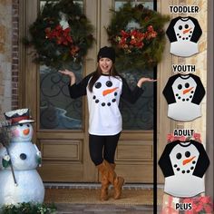 a woman standing in front of a door with snowmen on it and the words todder, youth, adult, plus