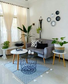 a living room filled with furniture and lots of plants on top of the tables in front of them