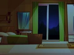 an animated bedroom with green curtains and furniture