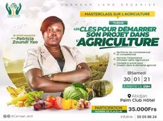 an advertisement for a farmer's market with a woman standing in front of vegetables