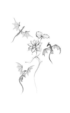 a black and white drawing of flowers with leaves on it's stems in the wind