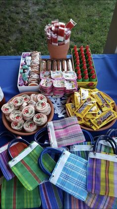 an assortment of desserts and candy displayed on a blue table cloth covered picnic table