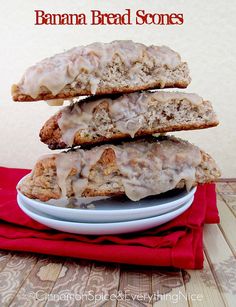 three banana bread scones stacked on top of each other