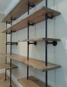 the shelves are made out of wood and metal