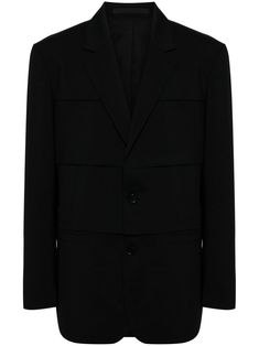 black wool notched lapels shoulder pads long sleeves buttoned cuffs front button fastening straight hem Semi-formal Black Blazer With Concealed Fastening, Black Semi-formal Blazer With Concealed Fastening, Black Blazer With Concealed Fastening For Business, Business Blazer With Concealed Front Fastening And Suit Collar, Modern Business Blazer With Concealed Front Fastening, Wool Business Blazer With Concealed Front Fastening, Business Wool Blazer With Concealed Front Fastening, Modern Tailored Blazer With Concealed Fastening, Wool Blazer With Concealed Front Fastening For Business