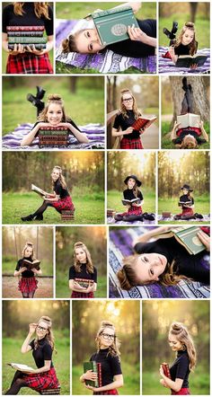 a collage of photos with different people in the same photo, and one woman holding a book