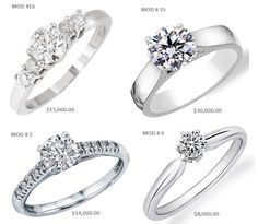 four different types of engagement rings with diamonds on them and the price for each ring