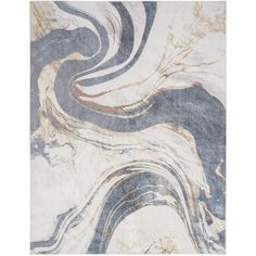 an abstract rug with blue, beige and white swirls on the top of it