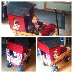 Old Macdonald Halloween Costume, Chicken Coop Wagon Halloween, Wagon Costume Ideas, Kids Parade Floats, Wagon Floats, Kids Barn