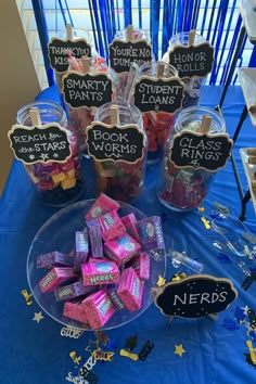 a table topped with lots of candy and snacks