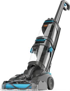 a blue and black vacuum cleaner on a white background