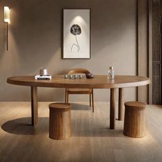 a wooden table with two stools in front of it