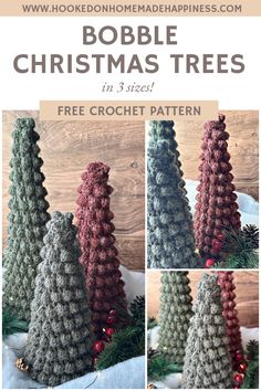 three crocheted christmas trees with text overlay that says, free crochet pattern