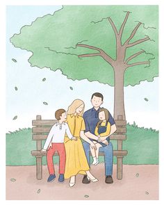 a family sitting on a park bench under a tree