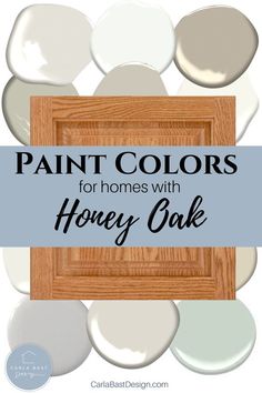 the words paint colors for homes with honey cake in front of some white and gray circles