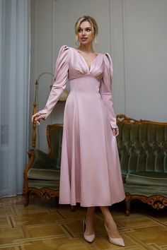 Dusty Pink Satin Bow Back Midi Dress Pink Sunday Dress, Elegant Evening Gowns, Midi Prom Dress, Pink Silk Dress, Sunday Dress, Satin Long Sleeve, Long Sleeve Evening Dresses, White Sky, Dresses Cheap